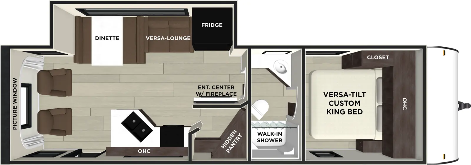 The Cruise Lite 23ZEN floorplan has one entry and one slide out. Exterior features include: metal exterior. Interiors features include: rear kitchen, front bedroom and pass through bathroom.